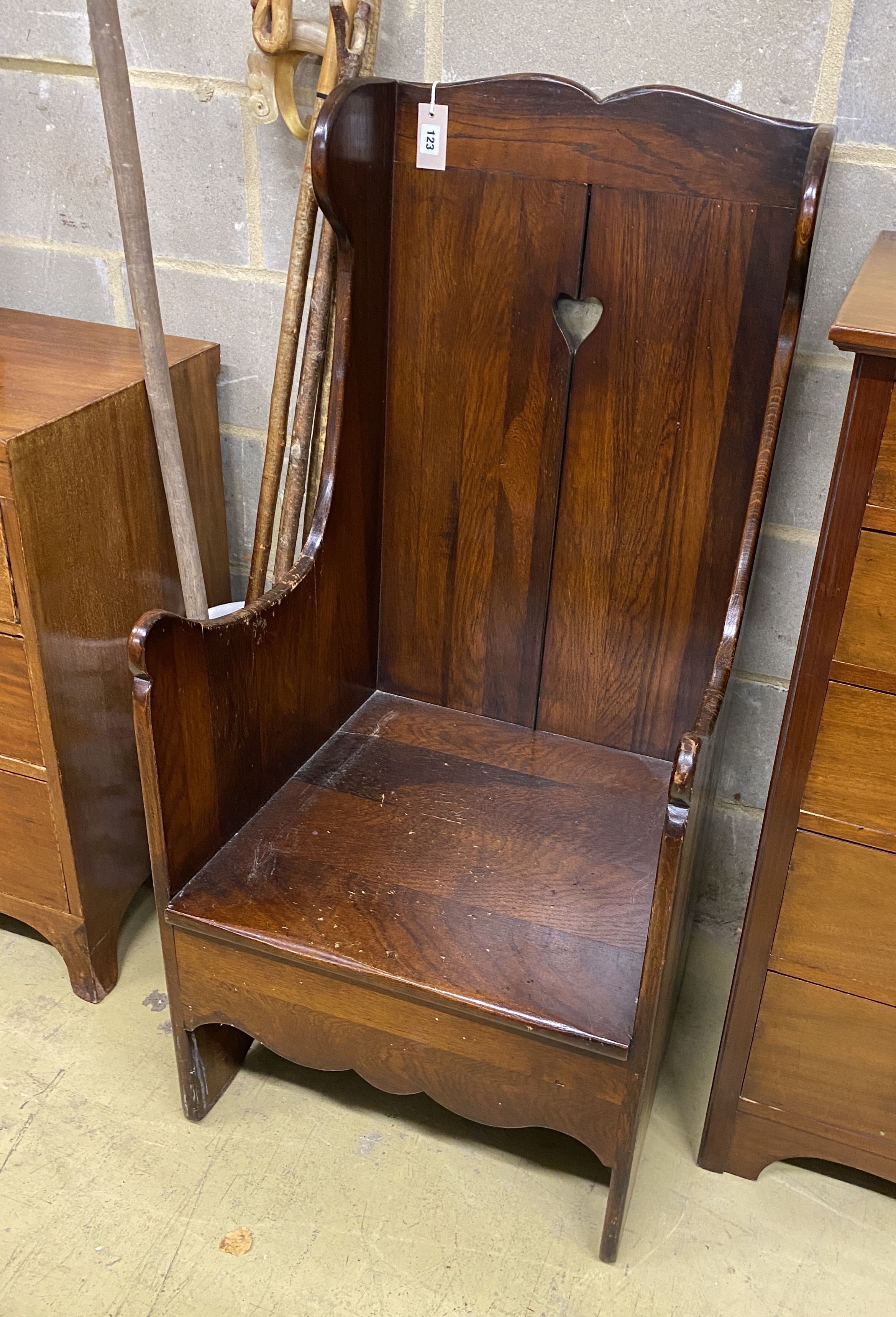 A 19th century oak 'shepherd' chair, width 54cm, depth 50cm, height 117cm